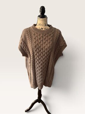 EMERY ROSE Cable Knit Short Sleeve Sweater Top Taupe Brown XL Oversized Poncho